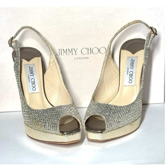 JIMMY CHOO CLUE GLITTER SLINGBACK PLATFORM
PEEP TOE HIGH HEEL PUMPS SANDAL 37 - Picture 7 of 16